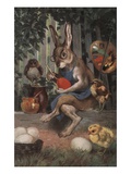 Postcard of Easter Rabbit Decorating Eggs