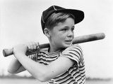 1930s Boy At Bat Wearing A Horizonal Striped Tee Shirt and Baseball Cap