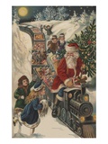 Christmas Postcard with Santa Riding a Train with Toys