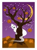 Ghost Behind Tree with Jack-O-Lanterns