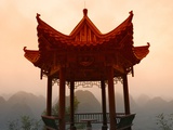 Pavilion Overlooking Karst Hills in Mist
