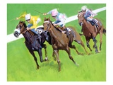 Three horses racing on a track