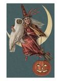 Halloween Postcard with Witch and Owl Sitting in Crescent Moon