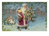 Postcard with Santa Claus Holding a Christmas Tree