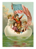 Postcard with Children in Egg Holding American Flag