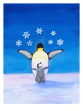 Penguin Parent and Baby Under Snowflakes