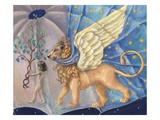 Illustration of a Child and a Winged Lion by Alexandra Day