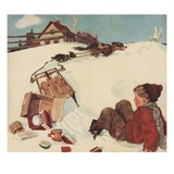 Illustration of Boy and Groceries Falling Off Sled