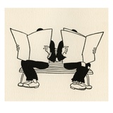 Illustration of Two Men Reading Newspapers on Park Bench by Boris Artzybasheff
