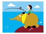 Girl fishing from friendly elephant's back