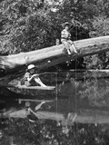 1940s 1950s Pair Of Boys In Straw Hats and Cuffed Jeans Fishing In Stream