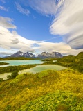 Bright Lenticular Clouds  Mountains and Lake  Torres del Paine National Park