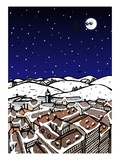 High angle view of snow covered houses in a town and silhouette of reindeers over moon in the sky a