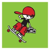 Skateboarder holding boom box