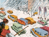 Children watching city traffic in snowstorm