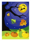 Pumpkins Under Bare Tree at Night