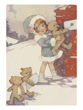 Illustration of girl and teddy bears mailing letters
