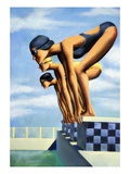 Three Female Swimmers on Starting Block  Side View