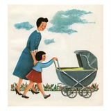Illustration of girl pushing baby carriage