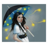 Woman underneath star filled umbrella