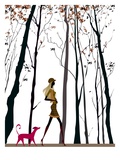 Side profile of a woman walking with her dog