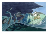 Ship Skirts Sea Monster and Storm Clouds
