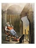 Illustration of Santa Claus sitting by fire on Christmas Eve by William Roger Snow