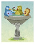 Birds Relaxing and Sipping Wine in Birdbath