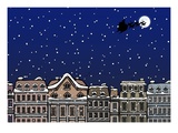 Silhouette of a Santa Claus on a sleigh flying over a city at night