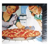 Woman taking cherry pie from oven