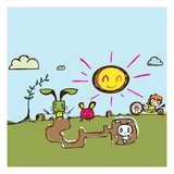 Boy riding tricycle by rabbit warren