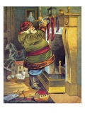 Illustration of Santa Claus placing toys in Christmas stockings by William Roger Snow