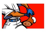 Mid section view of a baseball player hitting baseball with a baseball bat