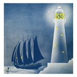 Illustration of Schooner Sailing near Lighthouse