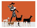 Side profile of a woman walking with her dogs