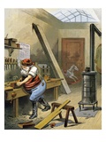 Illustration of Santa Claus making toys at his North Pole workshop by William Roger Snow