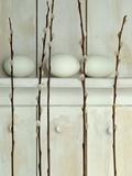 Easter eggs on shelf with pussy willow twigs