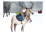A Girl Riding an Elk with Ornaments on its Antlers in the Snow Scene