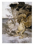 Illustration of Alice Sitting Down Next to Two Creatures by Arthur Rackham
