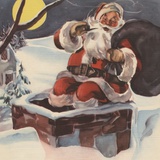 Santa Claus going down chimney with sack of toys