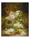 Primroses  Polyanthus  Apple Blossom and a Bird's Nest on a Mossy Bank