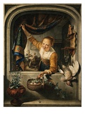 A Poultry Seller Holding a Basket of Fruit at a Window  a Music Lesson in an Interior Beyond  after