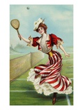 Postcard of a Well-Dressed Woman Playing Tennis