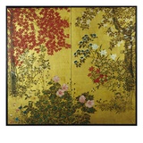 Japanese Screen with Trees and Flowering Plants