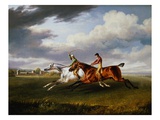 Two Racehorses With Jockeys Up Exercising in a Landscape