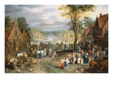 A Village Street with Peasants and Travelers  A Canal Beyond