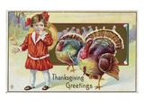 Thanksgiving Greetings with a Young Girl and Turkeys