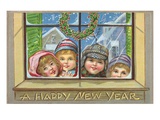 A Happy New Year of Children Peeking Through a Window