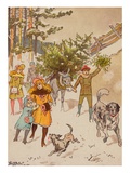 Family Trudging in Snow with Their Christmas Tree