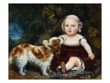 A Young Child with a Brown and White Spaniel by a Leafy Bank